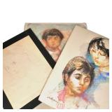 "(3pc) CARLOS? ARTWORKS | Including: pen sketch, pastel mother & son sketch, and mixed media drawing