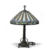 "STAINED GLASS LAMP | Colorful leaded stained glass lamp, marked ""quoizel collectibles"" h. 26 x di