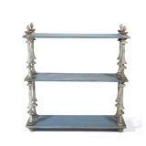 "SMALL BLUE WALL SHELF | 3-tiered carved wood & painted blue wall shelf with spindle carved supports