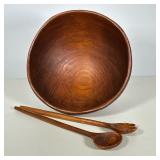 Large Teak Salad Bowl | Large mid century modern teak wood salad bowl with serving pieces, labeled o