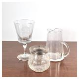 (3pc) Jelly Jar, Small Pitcher And Glass | Including an etched glass jelly jar with a sterling silve