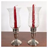 (2pc) Sterling Silver Hurricane Candlesticks | Etched glass hurricane globes over weighted sterling 