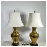 Pair Brass Table Lamps | Large vasiform brass lamps on Chinese style wooden bases; dia. lamp only ap