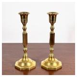 (2pc) Candlestick Holders | A pair of brass candlestick holders. - h. 7.5 x w. 3 in