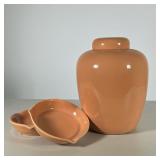 (3pc) Porcelain Urn & Plant Trays | Including a salmon colored lidded jar and two under plates for p