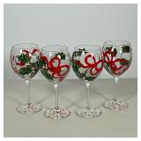 (4pc) Holly Painted Stemware | Festive wine glasses by Patty Falk, each signed “Falk” on the bottom.
