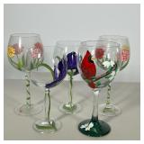 (5pc) Hand-painted Stemware | Painted wine glasses, including two with purple orchids by Patty Falk,