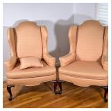 Pair Wingback Chairs | Woodmark Originals, with overall cushioned upholstery over cabriole legs. - h