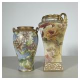 (2pc) Gilt Porcelain Vases | Hand painted Japanese vases with floral motifs and gilt highlights, eac