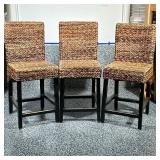 (3pc) RATTAN & WOOD STOOLS | Set of 3 rattan stools with footrest. - h. 40 x w. 17 x d. 18 in