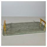 Handled Serving Tray | Acrylic/Lucite marbled green shaded tray with two gold handles. - w. 8 x l. 1