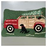 HOOKED CHRISTMAS PILLOW | Hooked wool pillow with black lab in front of station wagon with Christmas