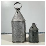 (2pc) PUNCHED TIN LANTERS | Folk art punched tin lanterns. - h. 16 x dia. 6 in (larger)