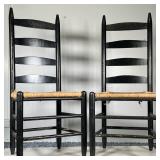 (2pc) PAIR RUSH LADDER BACK CHAIRS | Farmhouse ladder back chair with rushed seat, painted black. - 
