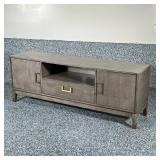 DISTRESSED GRAY MEDIA CONSOLE CABINET | Grey console cabinet with 2 cabinets and center drawer with 