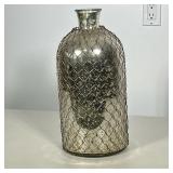 MIRRORED GLASS BOTTLE | Mirrored glass bottle with wire frame. - h. 16 x dia. 7.5 in