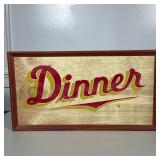 WOOD DINNER SIGN | Red trimmed & painted wood "Dinner" sign. Dimensions: h. 11 x l. 20 in