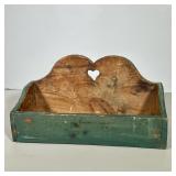 CARVED WOOD HEART BOX | Wood carved box with cut-out heart back, painted green. Dimensions: h. 8 x l