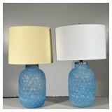 (2pc) PAIR BLUE GLASS LAMPS | Pair of blue glass formed lamps. Dimensions: h. 25 x dia. 8 in