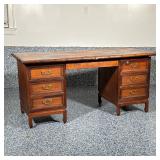 ASIAN STYLE DESK | Inlay wood top desk with bamboo form border having carved front. Dimensions: h. 2