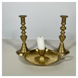 (3pc) Brass Candlesticks | Including; a pair of turned brass candlesticks, and brass candle holder. 