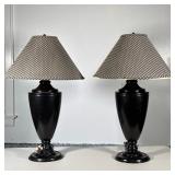 (2pc) PAIR BLACK URN LAMPS | Composition black urn-form lamps with checkered shade. Dimensions: h. 3