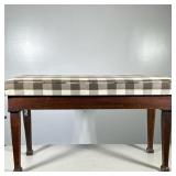 GINGHAM UPHOLSTERED Piano Bench | Brown and white checker covered long bench. Dimensions: h. 20 x w.