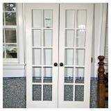 (2pc) PAIR WOOD & GLASS DOORS | Pair of white painted wood & glass doors with slide lock. Dimensions