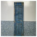 ANTIQUE HOUSE SHUTTER | Distressed blue painted shutter, 3 pieces of old hardware still attached. Di