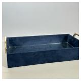 TEHARI MIRRORED TRAY | Blue velvet rectangular tray with inside mirror and silver handles. Dimension