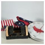 (5pc) Misc. Outdoor Items | Including: thermometer, large and two small American flags, and a boot/s