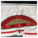 (2pc) FARMHOUSE ARTWORK & CURTAIN | Including: "Welcome Friends" folk art, painted sign, and red and