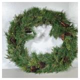 FAUX PINE WREATH | Faux Christmas wreath decorated with pine cones on metal rim. Dimensions: dia. 28