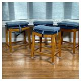 (4pc) RIVETED BLUE LEATHER STOOLS | Blue leather upholstered counter height bar stools with riveted 