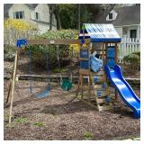 BACKYARD DISCOVERY BAY POINTE SWING SET | Backyard Discovery Bay Pointe swing set with blue slide an