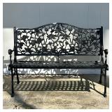 ALUMINUM OUTDOOR ROSE GARDEN BENCH | Black coated cast aluminum, with rose-patterned back rest and w