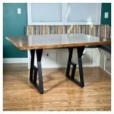 Modern Dining Table | Kitchen breakfast table with solid wood top over contemporary geometric metal 