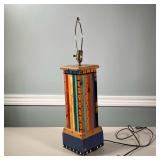Painted Table Lamp | Colorful carved wood & painted table lamp with bright colors of orange, greens,