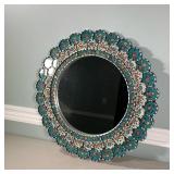 Floral Patterned Wall Mirror | Circular wall mirror with flower-painted glass border. Made in Peru. 