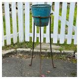 Blue Glazed Planter & Stand | Textured flambe glazed plant pot on an iron stand; planter only h. 11.