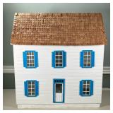 COLONIAL Dollhouse | Having open back with three stories, painted white with blue trim and wooden sh