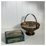 (2pc) SILVER PLATE BASKET & TIN | Silver plate handled basket marked on bottom "Made in India" and b
