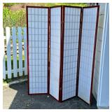Japanese Style Floor Screen | Red stained wood with paper backing. Dimensions: h. 70.25 x w. 17 in (