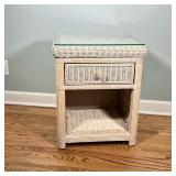 Wicker Night Stand | Wicker end table/bedside table with glass top. Dimensions: h. 25.5 x w. 20.5 x 