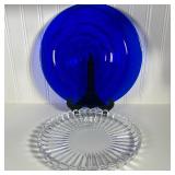 (2pc) GLASS SERVING DISHES | Set of 2 glass serving dishes, one blue glass with ripple design, other