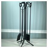 Fireplace Tools | Stand with 4 piece fireplace set including; broom, shovel, prongs, and poker. Dime