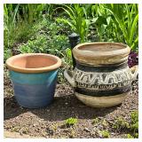 (2pc) PAIR CERAMIC PLANTERS | Pair of ceramic glazed planter pots including geometrically decorated 