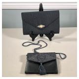 (2pc) Evening Bags | Envelope purses. One dark gray with tassel. The other is black with broach. Bot