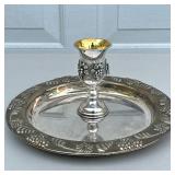 (2pc) SILVER PLATE KIDDISH CUP & PLATTER | Silver plate kiddish cup and matching platter with grape 
