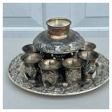 SILVER PLATE KIDDISH FOUNTAIN | Silver plate kiddish fountain with 8 spouts and 8 corresponding glas